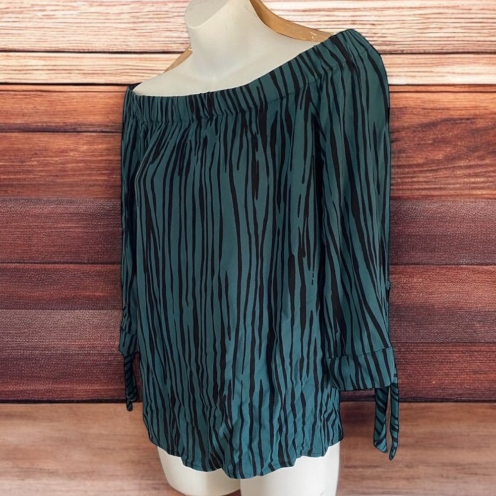 Ella Moss Teal black zebra print off shoulder blouson boho chic top S